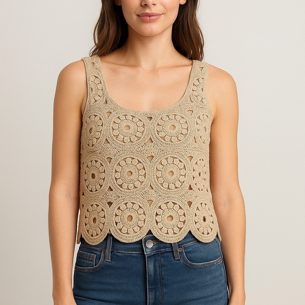 🧶 Alya Boho Crochet Tank Top Beige Neutral Festival Beachwear S